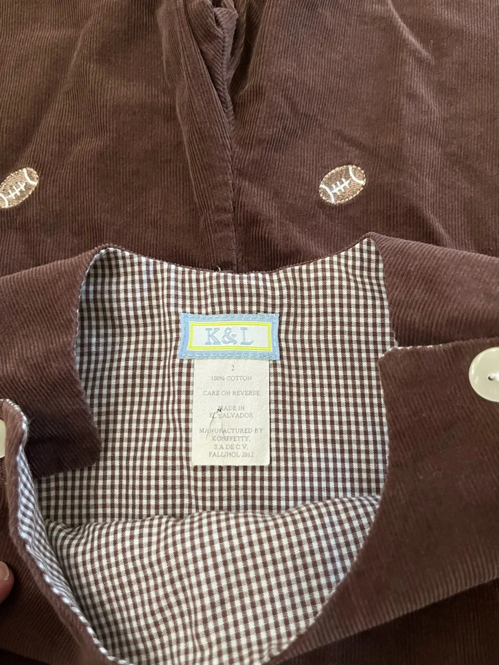 K&L Boys Brown Corduroy Longall Overalls Football Embroidery Size 2